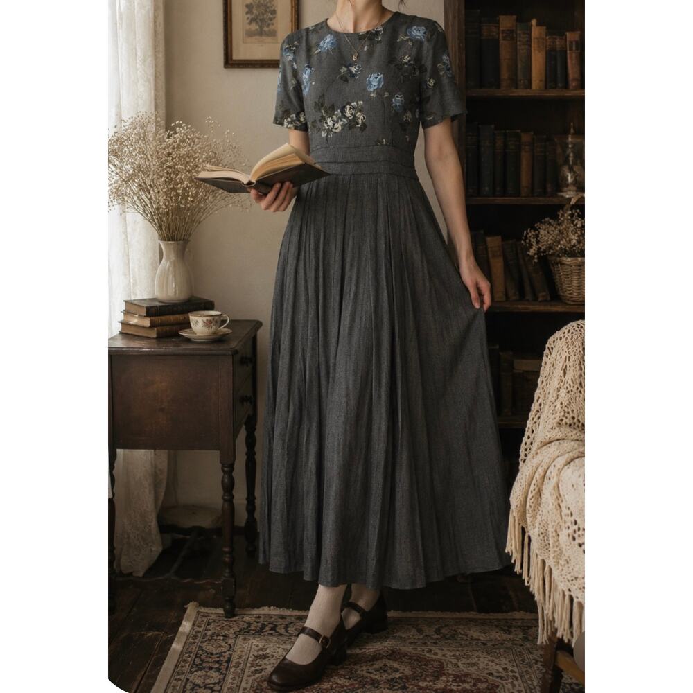 Vintage Just In Thyme Blue Floral Pleated Maxi Dress Size S USA Made